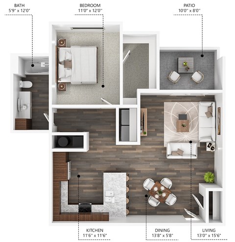Floor plan for 1 bed, 1 bath, 891 sqft